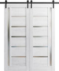Nordic White Frosted Glass Double Sliding Barn Door With Solid MDF Core, Fits 84 To 96 Inch Openings, 13 Ft Black Rail Hardware