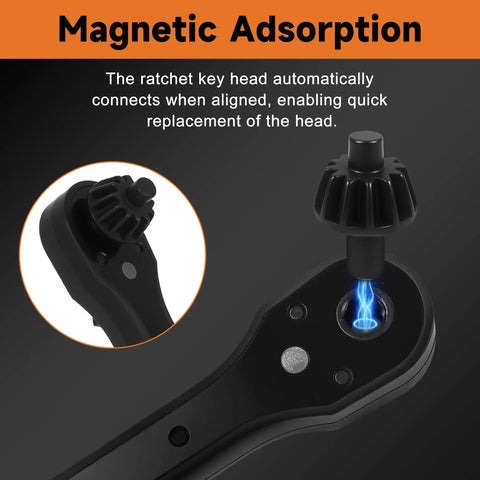 Universal 3 In One Ratchet Drill Chuck Key Wrench With Magnetic Quick Change Heads showing magnetic adsorption feature for fast bit changes.
