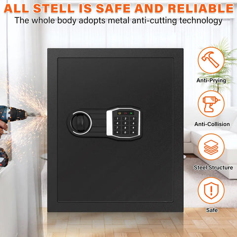 17.71 Inch Fireproof Hidden Wall Safe With Numeric Keypad shown in living room setting with safety features highlighted