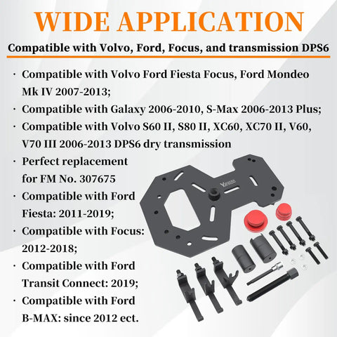Wide application of Double Clutch DPS6 Transmission Installer And Remover Tool Kit with parts displayed
