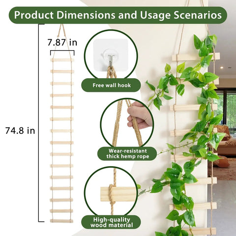 Extra Tall Six Foot Wooden Ladder Plant Trellis with climbing vines, dimensions 74.8x7.87 inches, hemp rope and hooks for support