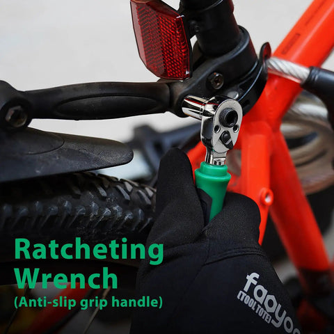 Person using 39 Piece Ratcheting Wrench Set With Mini Sockets Magnetic Screwdrivers Power Bits Universal Joints Spinner Extensions And A Handy Portable Storage Box For Mechanics And Do It Yourself Enthusiasts on a bicycle