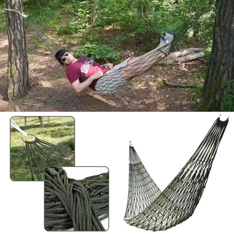 Army Green Outdoor Travel Hammock With Mesh Net Nylon Rope Construction shown hung between trees with person relaxing