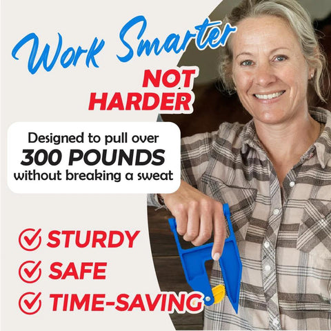 Front view of a smiling person holding a blue Original EZGrip Mat Mover for moving heavy stall mats (2 movers).