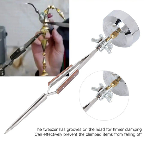 Top Tier Fabater Third Hand Stand With Tweezer Lock features straight and curved tips for precision work in electronics.