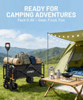 Electric Collapsible Wagon Cart With 100L Capacity for camping, equipped for beach trips with gear beside a tent.