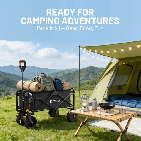 Electric Collapsible Wagon Cart With 100L Capacity for camping, equipped for beach trips with gear beside a tent.