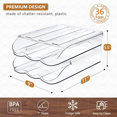 Egg Organizer For Refrigerator, 36 Egg Stackable Storage Box showing clear two-layer design and dimensions, 11" x 9" x 5.5"