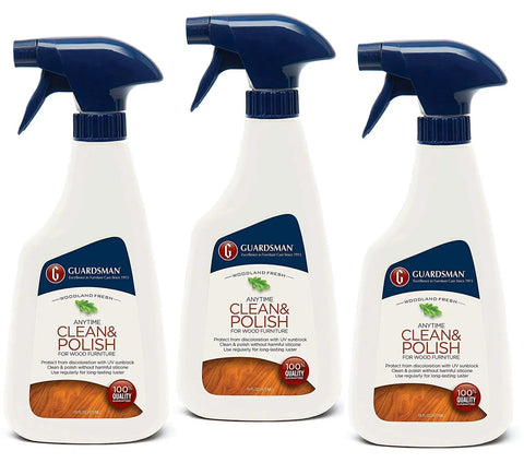 Three bottles of Anytime Wood Cleaner And Furniture Polish Spray Bottle For Cabinets Tables And Other Wood Surfaces With Woodland Fresh Scent