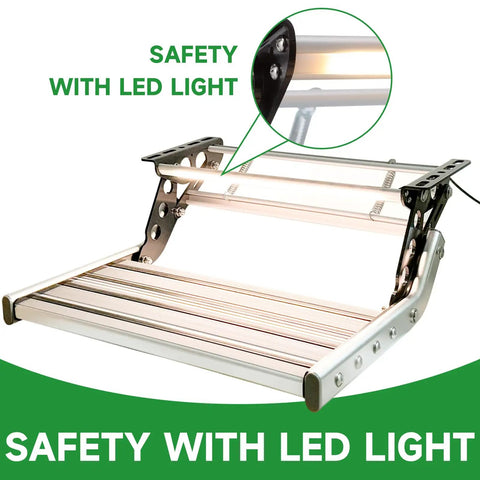 RV Camper Steps Drop Down Folding Stairs One Hand Open Close Aluminum Construction With Non Slip Feet Luminous Glow Tape For Visibility Holds Up To 450 Pounds with LED light