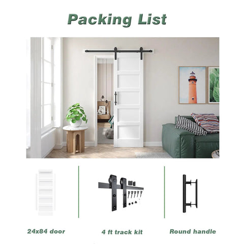 Packing list of 24x84 Inch White Barn Door With 4 Foot Sliding Hardware Kit And Handle Included MDF Solid PVC Surface DIY Assembly