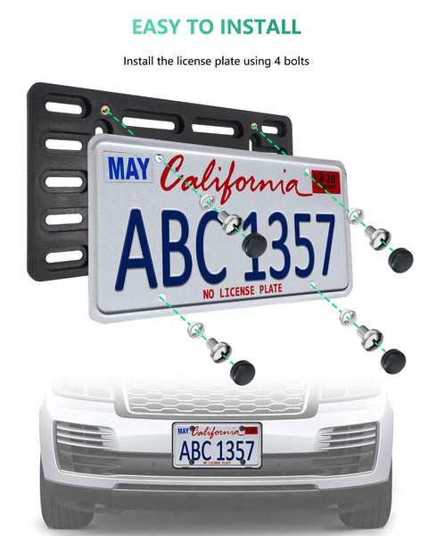 Universal Front License Plate Mount Bracket With Copper Threaded Inserts for easy tightening, installed with bolts on a car bumper