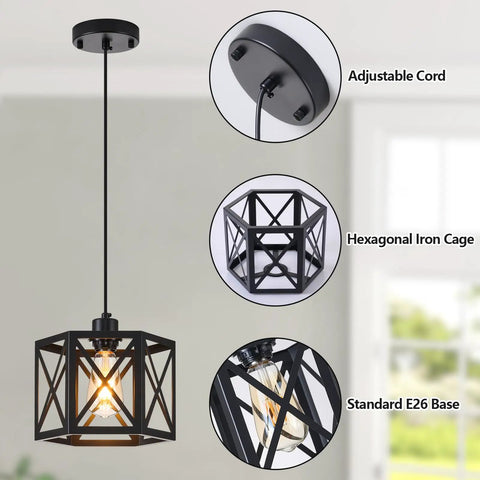 Farmhouse Pendant Lights 2 Pack Modern Black Hanging Light Fixtures With Hexagonal Cage Industrial Metal Ceiling Lights Adjustable Lantern Pendant Lighting For Kitchen Island Hallway, showing hexagonal cage and adjustable cord details