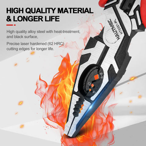 Pro Wire Stripper Tool 8 Inch Multifunctional Linesman Pliers in high quality alloy steel with flames representing durability.