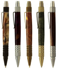 Set Of 5 DuraClick EDC Ballpoint Pen Woodturning Kits With Hardware And Bushing Included, showcasing different wood finishes