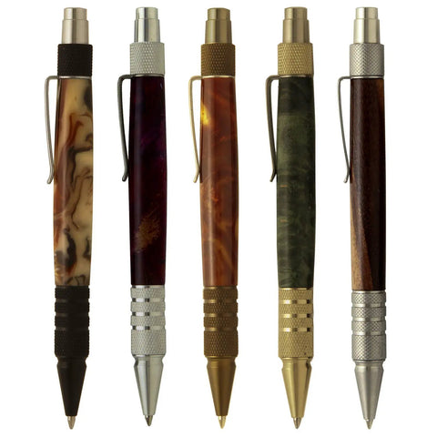 Set Of 5 DuraClick EDC Ballpoint Pen Woodturning Kits With Hardware And Bushing Included, showcasing different wood finishes