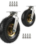 Pair Of Heavy Duty Silent Rubber Caster Wheels Featuring Genuine Pneumatic Tires with steel plates and dual ball bearings.