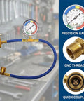 15.75 Inch R134a AC Charge Hose Kit With Pressure Gauge For Auto Air Conditioning Service Heavy Duty Aluminum Construction Leak Proof Fittings Quick Connect Ends Go To Tool For Your Shop Or Home Garage Easy To Use, hose with gauge and quick couplers