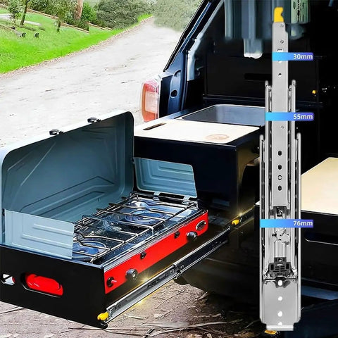 Beefy 76mm Wide Heavy Duty Locking Drawer Slides Set One Pair Full Extension Ball Bearing Rails With 500 Lb Load Capacity used in a truck bed