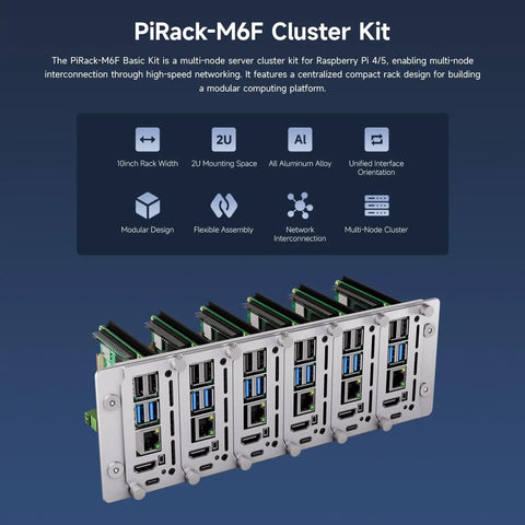 PiRack-M6F Cluster Kit featuring 2U mount space and all aluminum alloy for Raspberry Pi 4/5 modular design.