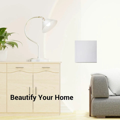 Heavy Duty ABS Plastic Access Panel For Drywall 8X16 Inch Wall Hatch Cover Door on a wall beside a lamp and furniture.
