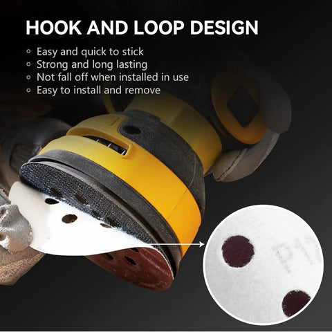 300 Pack 5 Inch Sanding Discs Set With 8 Hole Hook And Loop For Random Orbital Sanders attached to sander