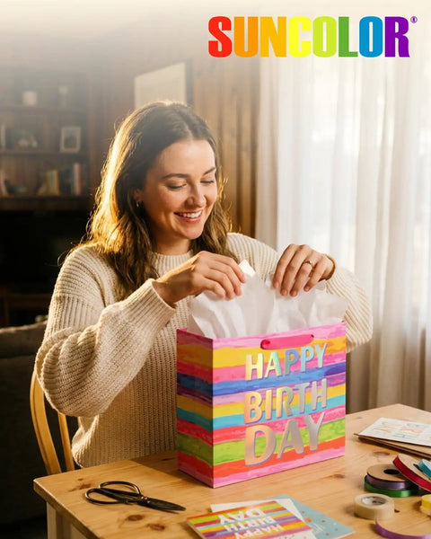 Woman using Go To Birthday Gift Bag With Tissue Paper And Card Premium Paper Tote For Kids Women and Moms Gifts 13x10.2x4.7 in