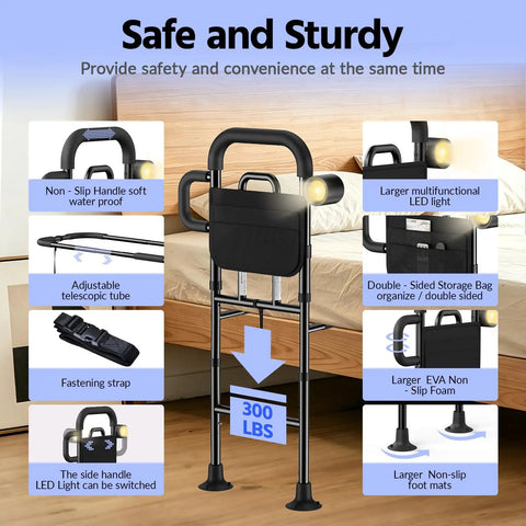 Senior Bed Rail With Remote Light And Height Adjust, Super Safe No Slip Grip Handle, Heavy Duty Steel, 350 Lbs Capacity