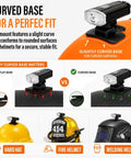 Curved base design of rechargeable welding helmet light attachment with LED front beam for hard hats and firefighter helmets.