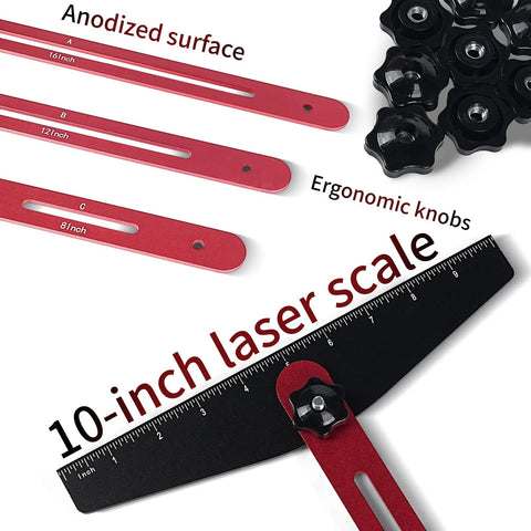 Built Like A Tank Stair Tread Jig And Adjustable Template Locking Bars For Tighter Fittings with red aluminum bars and knobs.