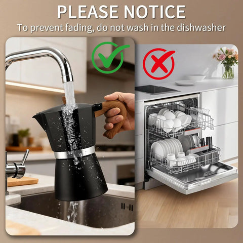 Stovetop Espresso Maker Moka Pot For Home Barista Quality Espresso 6 Cup 10 Oz Black Greca Italian Style Coffee Brewer being washed in a sink