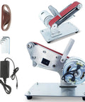 Heavy Duty Mini Belt Sander And Bench Grinder Unit with metal chassis, sanding belt, and motor for knife sharpening and wood finishing.