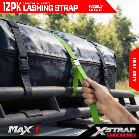 Top Shelf Heavy Duty Cam Buckle Tie Down Straps 1x12 Feet 12 Pack With Bulletproof Grip securing cargo on roof rack