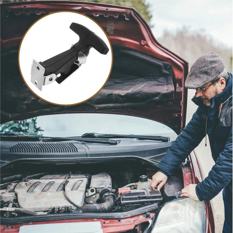 5 Pack Flexible Rubber T-Handle Draw Latches With Hood Lock shown on car hood, highlighting secure, quick-release fastening.
