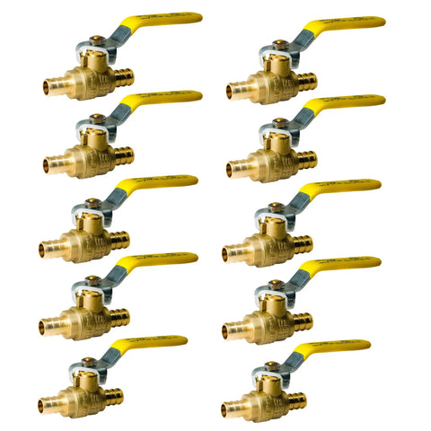 Crimp Half Inch Pex Ball Valve Set, 10 Pieces, Pex B Crimp Compatible, brass, yellow handles, easy install for PEX tubing
