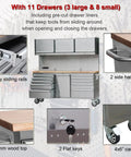 Two Pack 72 Inch High Rolling Tool Chest With 11 Spacious Drawers And 3 Secured Cabinets For Garage features sliding rails and sturdy wood top.