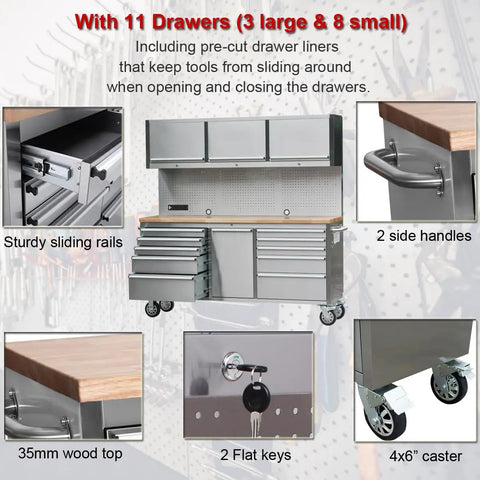 Two Pack 72 Inch High Rolling Tool Chest With 11 Spacious Drawers And 3 Secured Cabinets For Garage features sliding rails and sturdy wood top.
