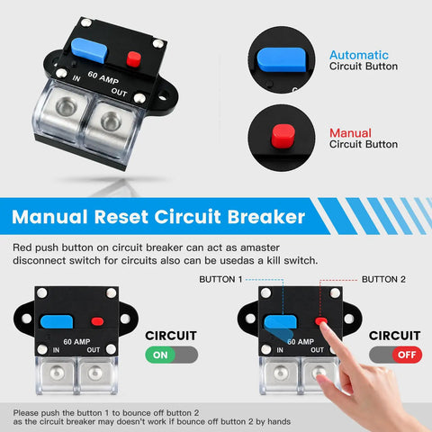 Built Tough 60 Amp Marine Circuit Breaker And Battery Disconnect Switch For Boat Trolling Motors showing buttons for manual reset.