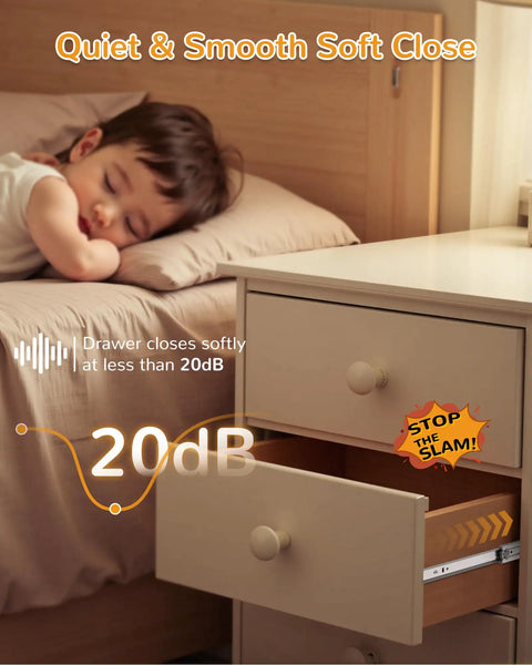 Drawer with 20 Inch Side Mount Soft Close Drawer Slides, quiet under 20dB, in a bedroom with a sleeping child.