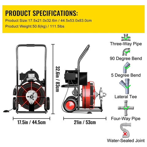 Heavy Duty Electric Drain Auger With One Hundred Foot Steel Core Snake For Two To Four Inch Pipes Five Hundred Watt Motor And High Speed Drain Cleaner Machine That Kicks Out Wicked Sink Clogs Real Quick dimensions and specifications