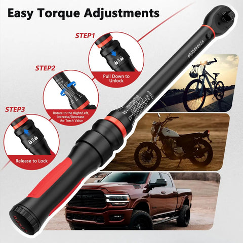 Three Eighths Inch Drive Torque Wrench Beefy With Ten To One Hundred Foot Pounds Range Click Type Seventy Two Tooth Ratchet ABS And TPR Grip Portable Case For Motorcycle Car And Small Machinery Maintenance.