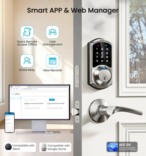 Heavy Duty Fingerprint Smart Deadbolt Lock Equipped With Direct Phone App Access And Portable Key Fobs Styled In Sleek Satin Nickel For Zero Stress Keyless Entry And Knockout Front Porch Protection