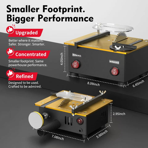 Ultra Compact Mini Table Saw For Crafters And DIYers With Dual Switch Safety, showing dimensions and features.