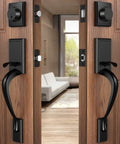 Matte Black Double Door Handle Set With Lever And Keyed Entry For Exterior Front And Back Doors, Reversible Single Cylinder Lockset