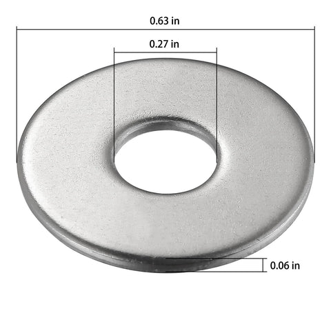 Front view of a stainless steel 304 flat washer with 0.27 in inner hole, 0.63 in outer diameter, 0.06 in thick