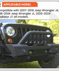 ECOTRIC stubby front bumper in black steel with fog light housing and D-rings on a Jeep Wrangler JK/JL/JT.
