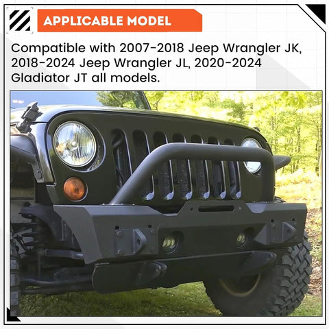 ECOTRIC stubby front bumper in black steel with fog light housing and D-rings on a Jeep Wrangler JK/JL/JT.