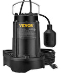 Beefy Half HP Submersible Sewage Pump With 4320 GPH Flow For Indoor And Outdoor Drainage Cast Iron And Stainless Steel Sump 1-1/2 Inch NPT Discharge 10 Foot Cord Vertical Float Switch Black, black pump with cord and float switch visible