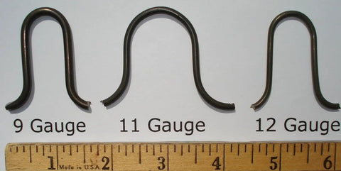 Three sinuous springs displaying 9 gauge, 11 gauge, and 12 gauge sizes, showcasing material variation for upholstery projects.