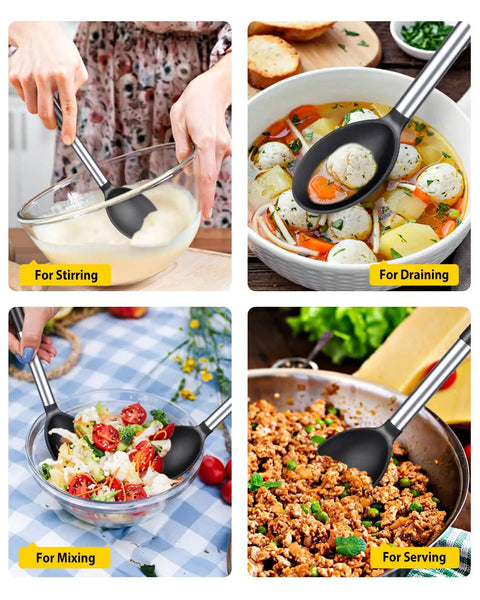 Two Pack Large Silicone Cooking Spoons Nonstick Basting Utensils Heat Resistant For Mixing Serving Draining And Stirring